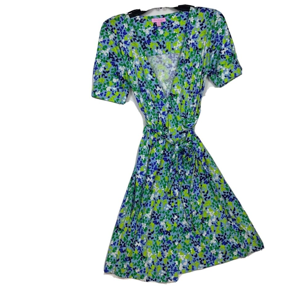 Lilly Pulitzer Dress Womens 6 Silk Blue Green Wrap Short Sleeve Summer